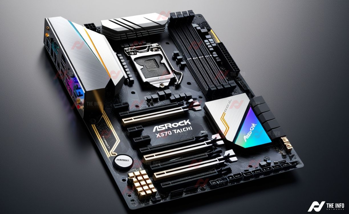 ASRock X570 Taichi motherboard showcasing its sleek design, advanced cooling system, and metallic gears theme