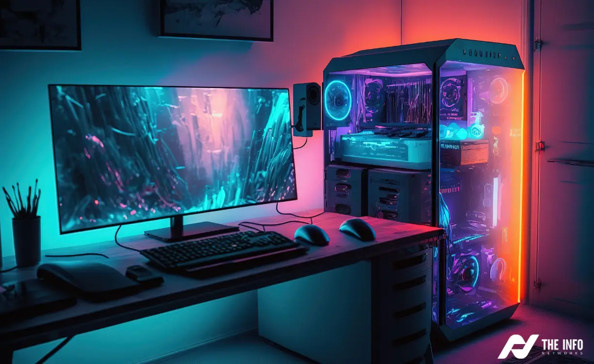 An affordable gaming PC on a modern desk, paired with a gaming keyboard and mouse