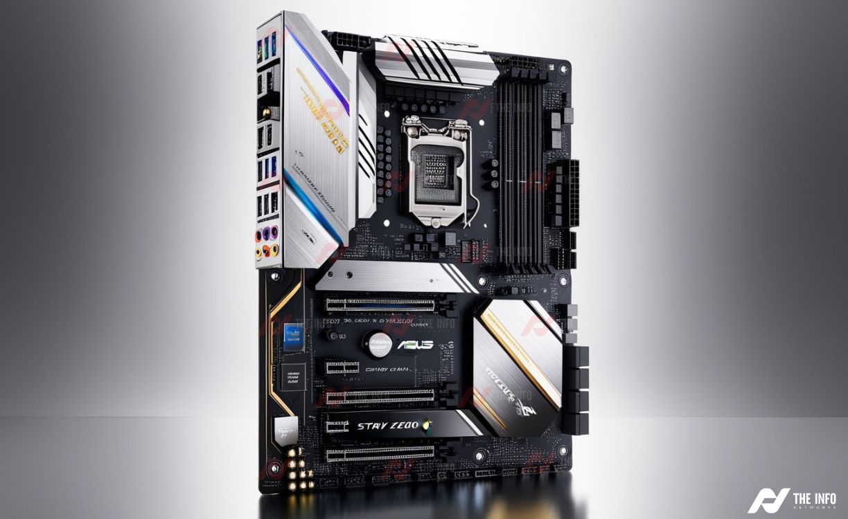 Dynamic shot showing the ASUS ROG Strix Z690-E Gaming WiFi motherboard ready for a high-performance gaming PC build