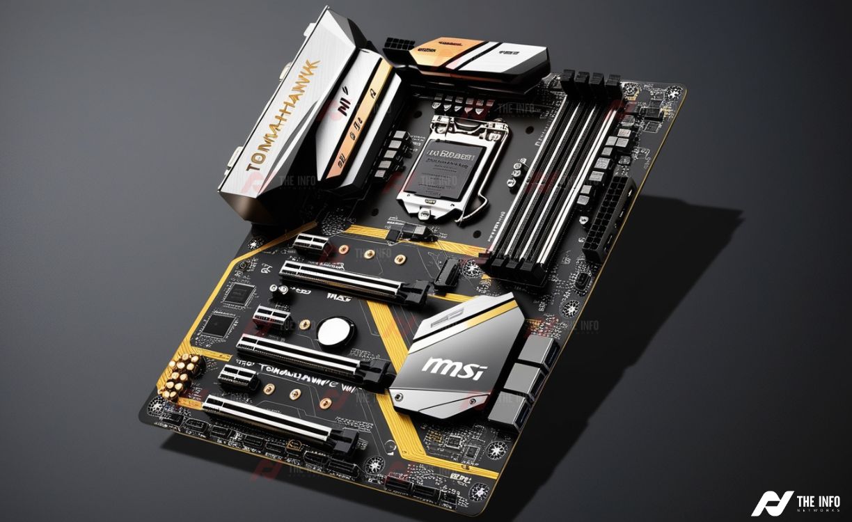 MSI MAG B550 TOMAHAWK WIFI motherboard, showcasing its sleek black and gray design with reinforced PCIe slots, heatsinks, and built-in RGB lighting