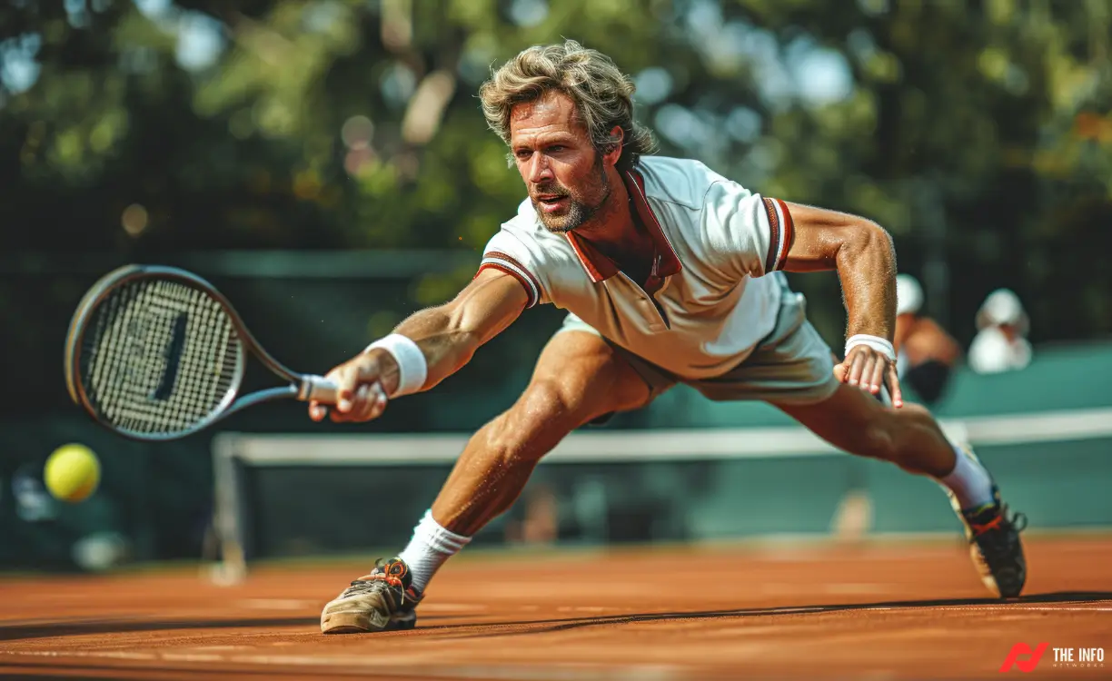A player sliding across the clay court, reaching for a desperate volley.