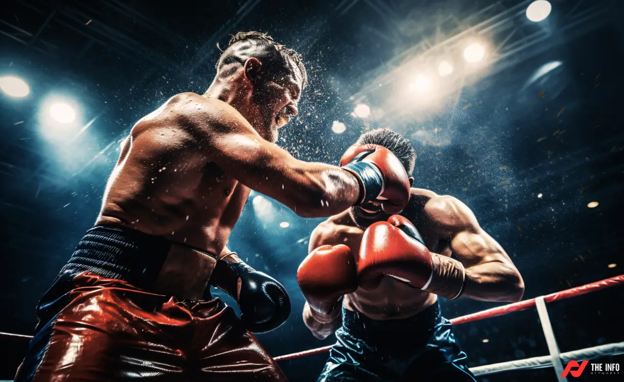Two boxers in a fierce exchange during a championship match, surrounded by cheering fans.